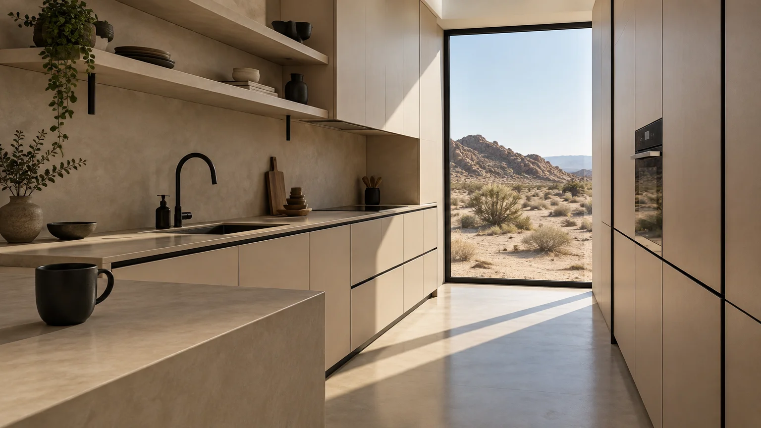 Modern beige kitchen with seamless cabinets, black faucet, and a large window framing a sunny desert mountain landscape.