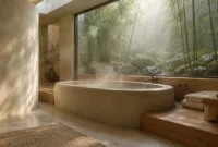 Steaming stone soaking tub beside a large glass window overlooking a lush bamboo garden and mossy rocks.