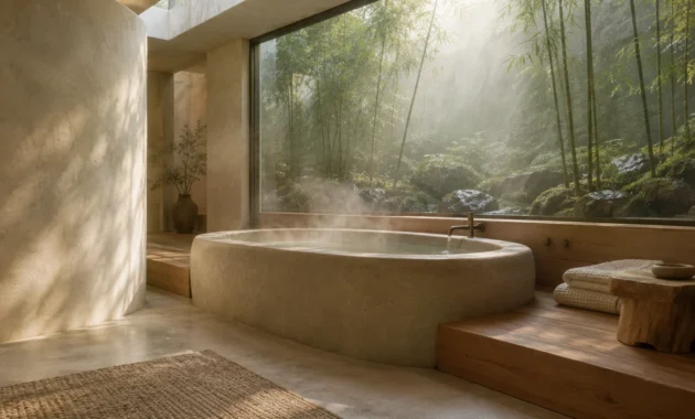 Steaming stone soaking tub beside a large glass window overlooking a lush bamboo garden and mossy rocks.
