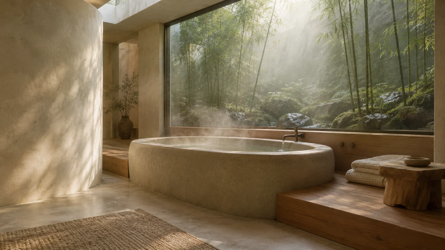 Steaming stone soaking tub beside a large glass window overlooking a lush bamboo garden and mossy rocks.