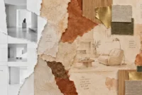 Mixed-media collage comparing sterile white architecture photos with textured paper, fabric swatches, and a sketch of a living room.