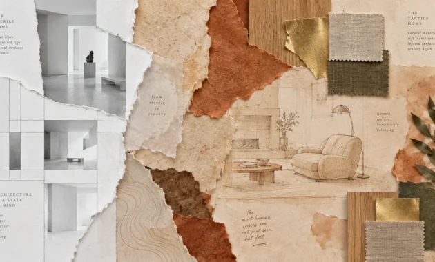 Mixed-media collage comparing sterile white architecture photos with textured paper, fabric swatches, and a sketch of a living room.