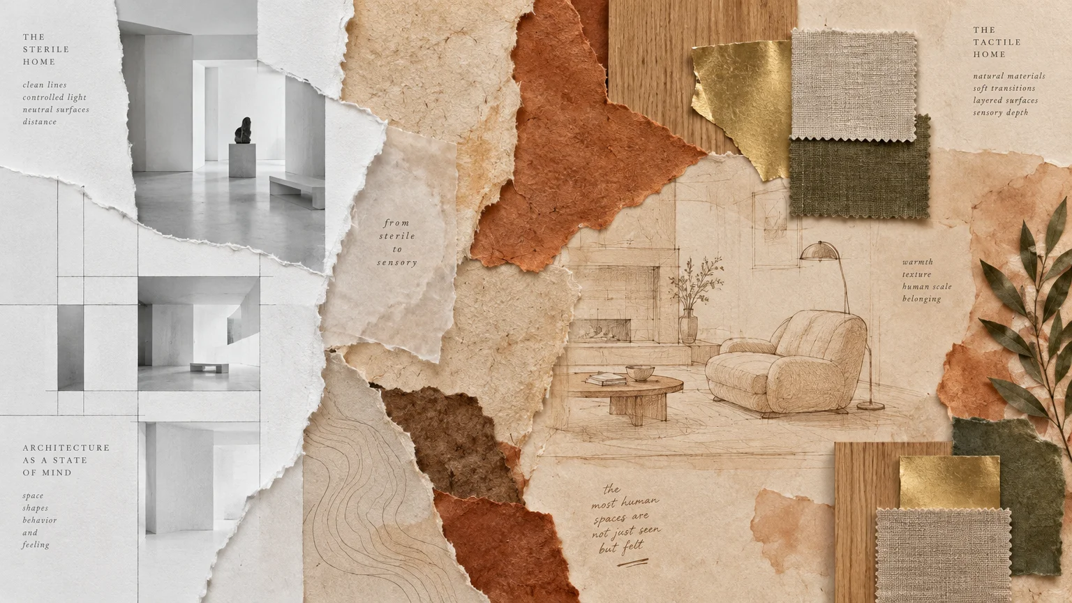 Mixed-media collage comparing sterile white architecture photos with textured paper, fabric swatches, and a sketch of a living room.