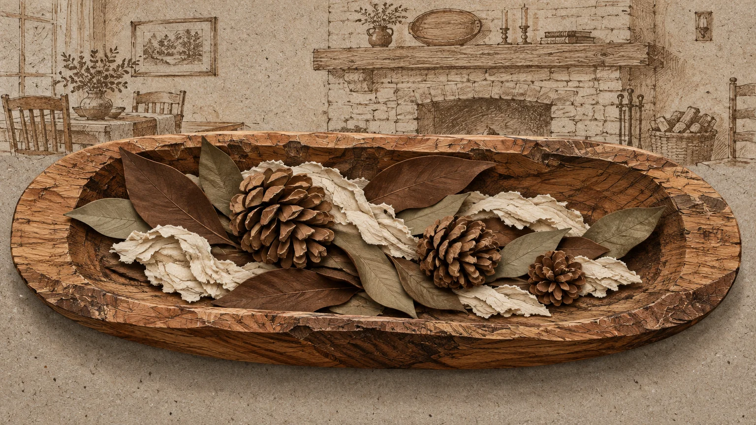 Carved wooden dough bowl filled with pinecones, dried leaves, and textured cloth against a sketched rustic room.