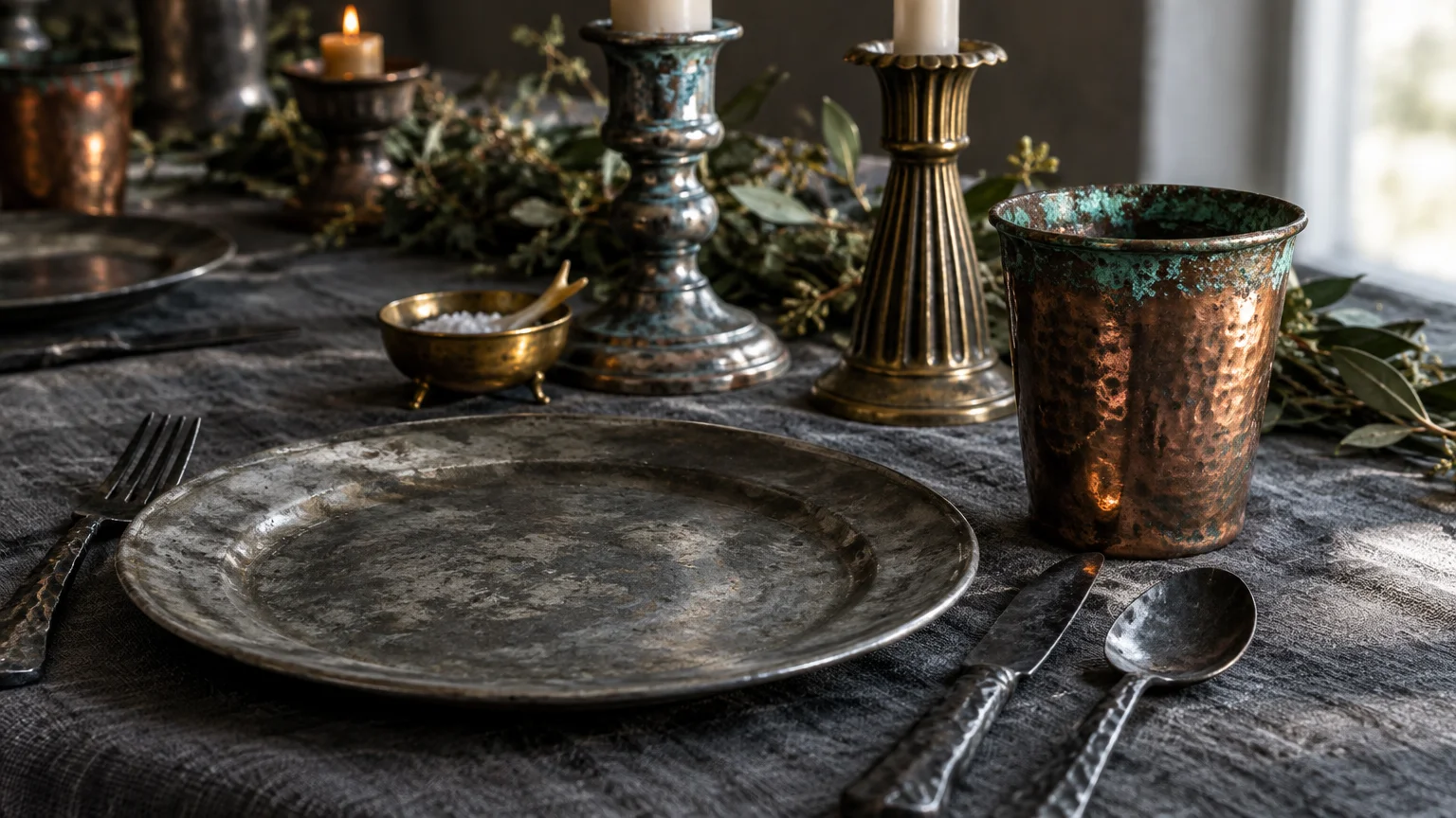 Weathered metal plate, patinated copper cup, brass candlesticks, and dark cutlery on a linen tablecloth.