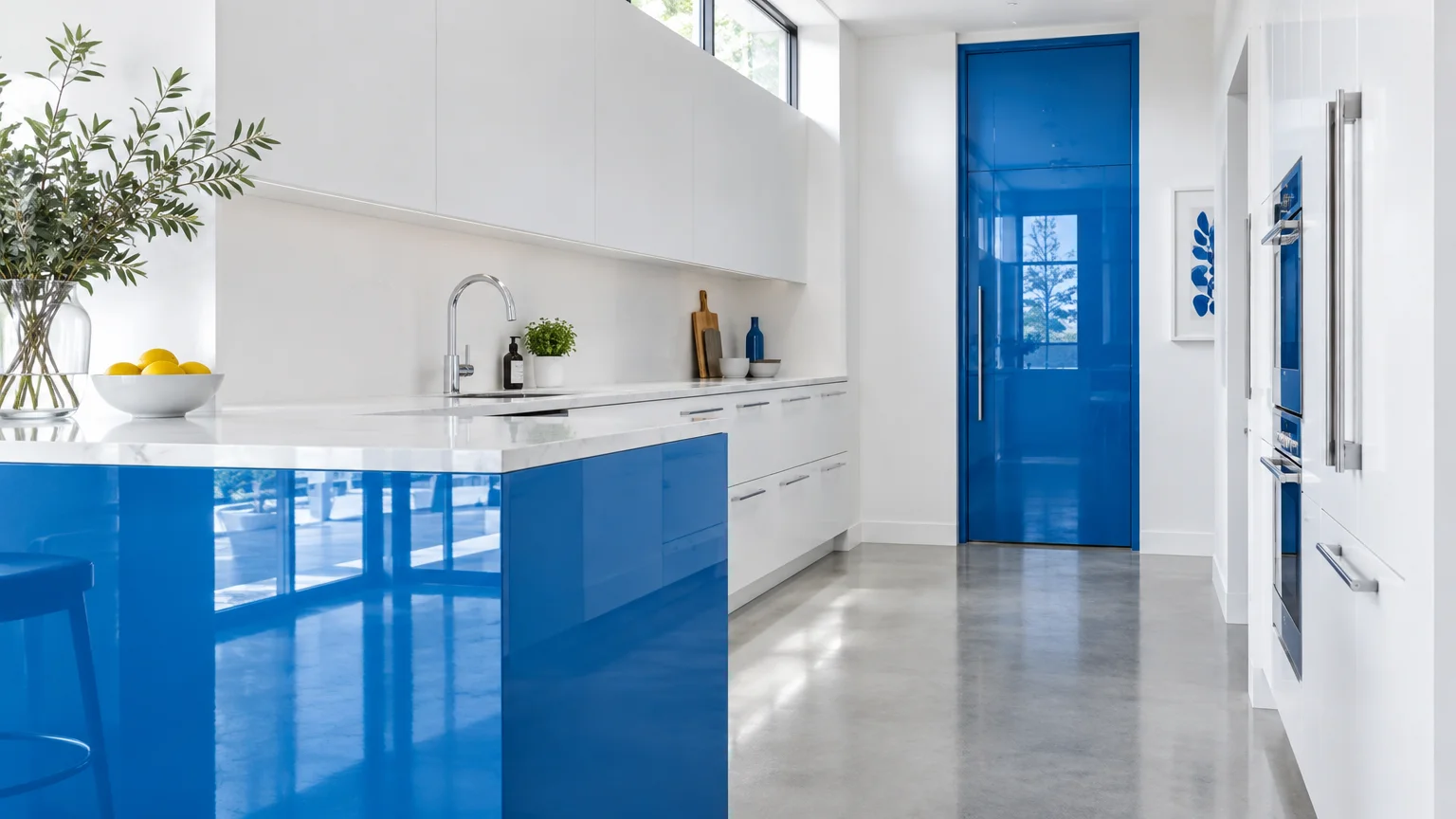 Modern kitchen featuring white cabinetry, a glossy cerulean blue island, polished concrete floors, and a tall blue door.