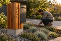 Modern wood-slat mailbox post with house numbers and a black mail slot beside a landscaped driveway as a man gardens.