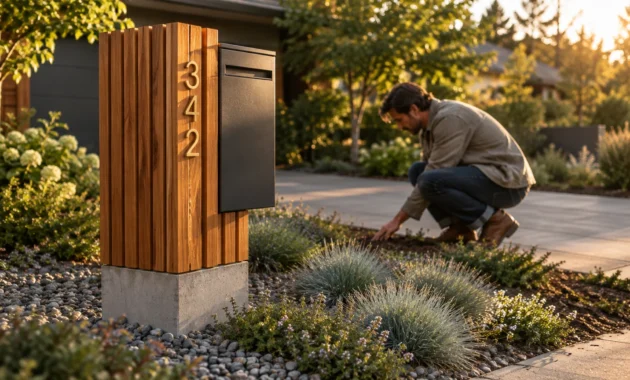 Modern wood-slat mailbox post with house numbers and a black mail slot beside a landscaped driveway as a man gardens.
