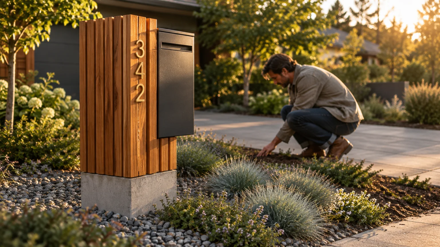 Modern wood-slat mailbox post with house numbers and a black mail slot beside a landscaped driveway as a man gardens.