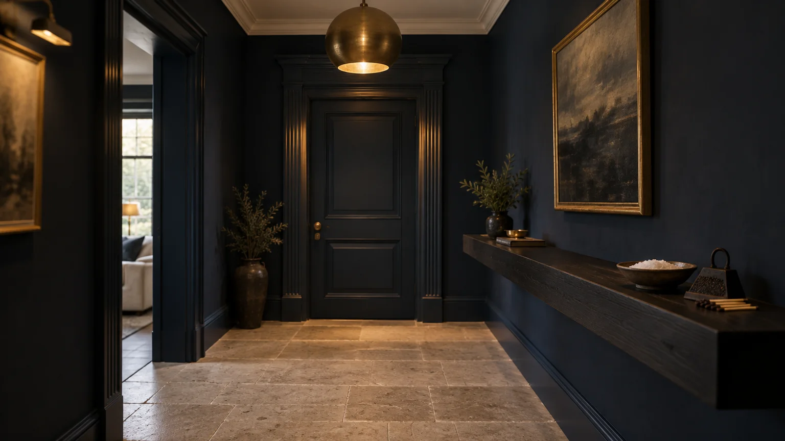 Dark navy hallway with stone tile floors, brass pendant light, floating console shelf, and framed painting on the wall.