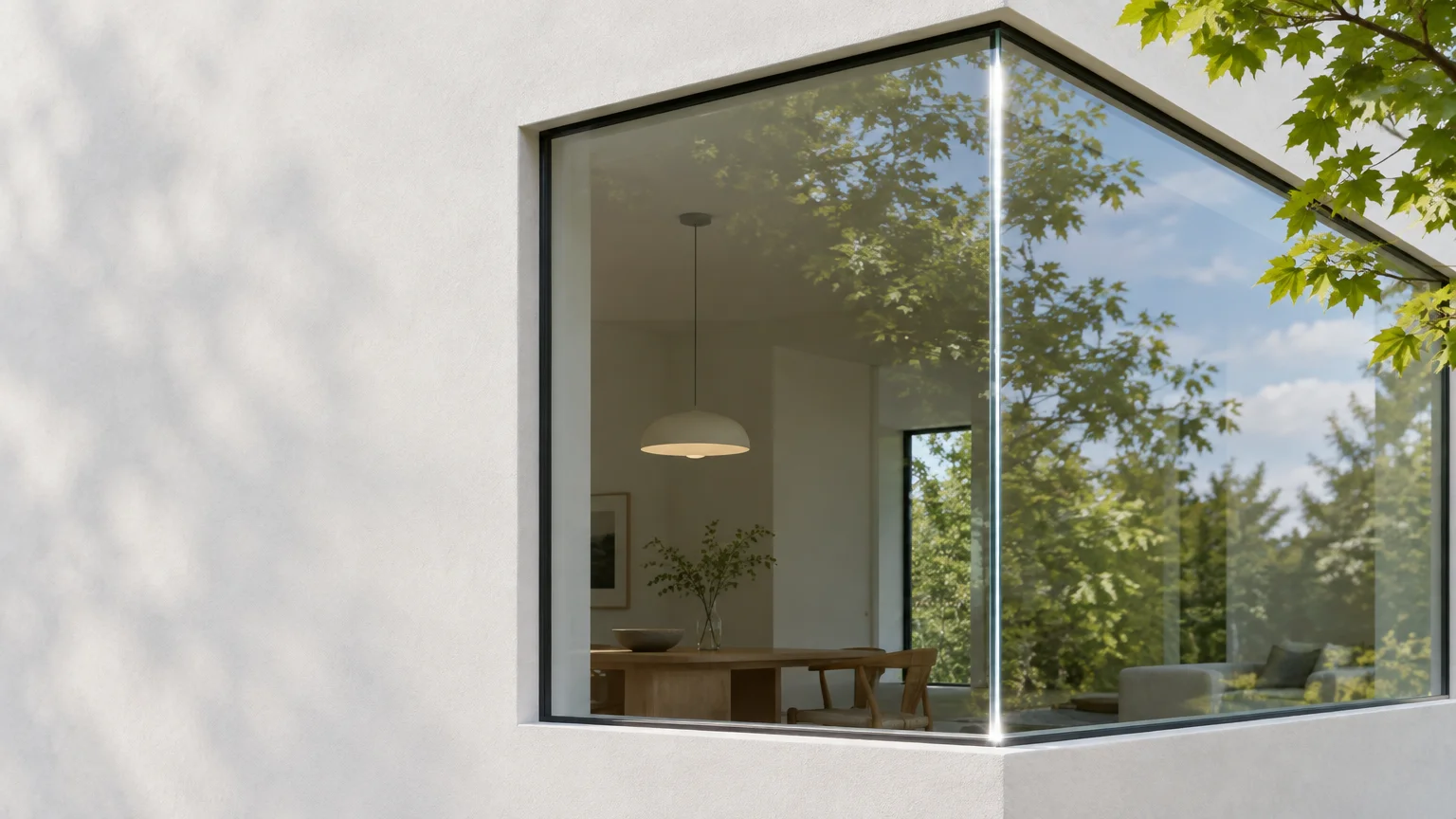 Frameless corner window set into a white stucco wall, revealing a modern dining room and trees outside.