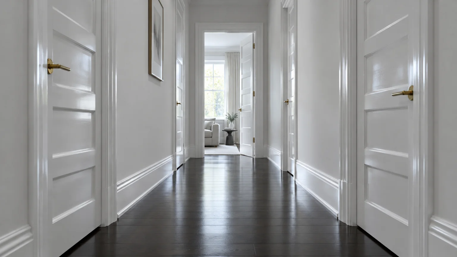 Bright white hallway with dark wood floors, white paneled doors with brass handles, and white trim leading to a living room.