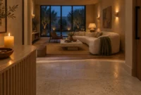 Warmly lit entryway looking into a sunken living room with a curved sofa, coffee table, and patio doors at dusk.