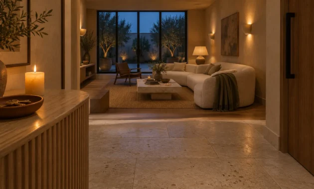 Warmly lit entryway looking into a sunken living room with a curved sofa, coffee table, and patio doors at dusk.