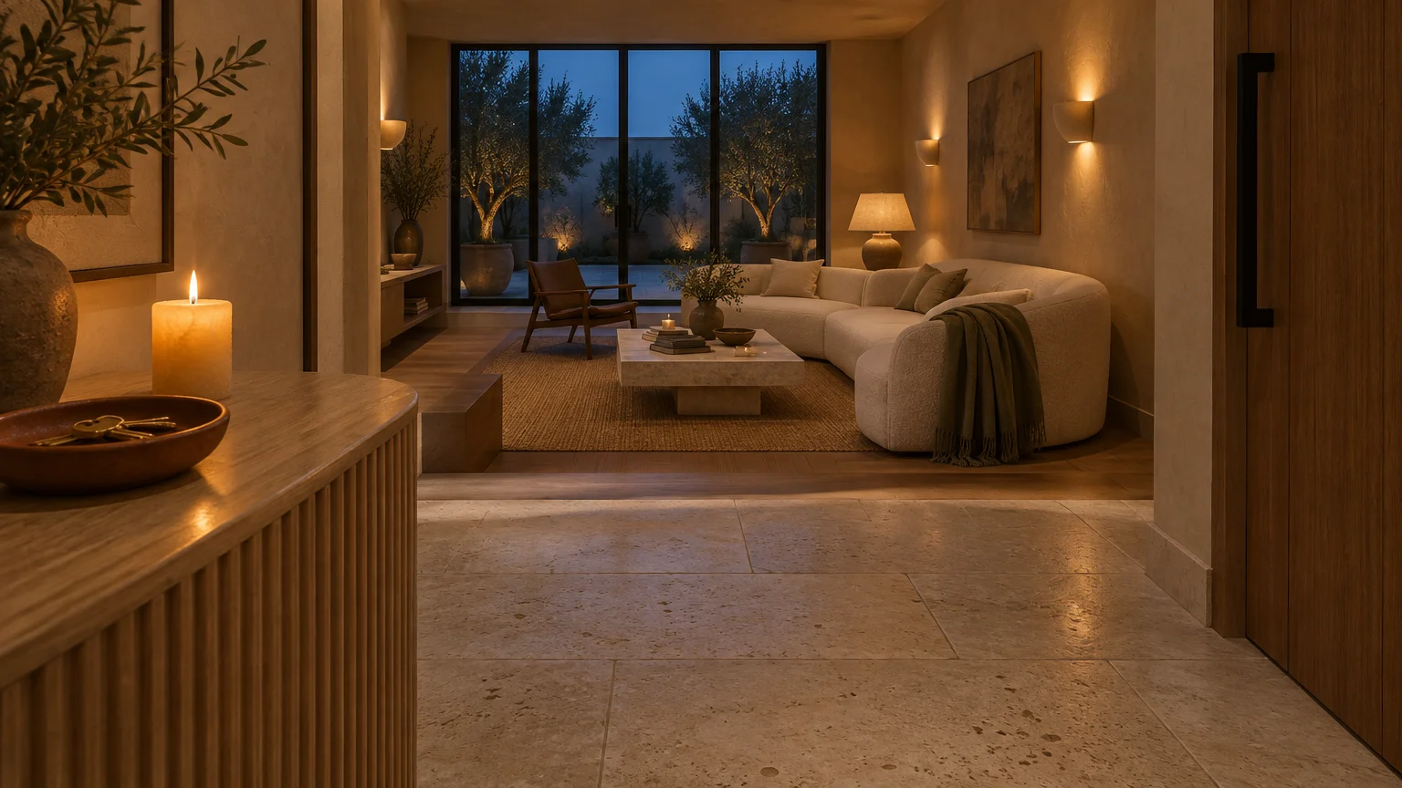 Warmly lit entryway looking into a sunken living room with a curved sofa, coffee table, and patio doors at dusk.