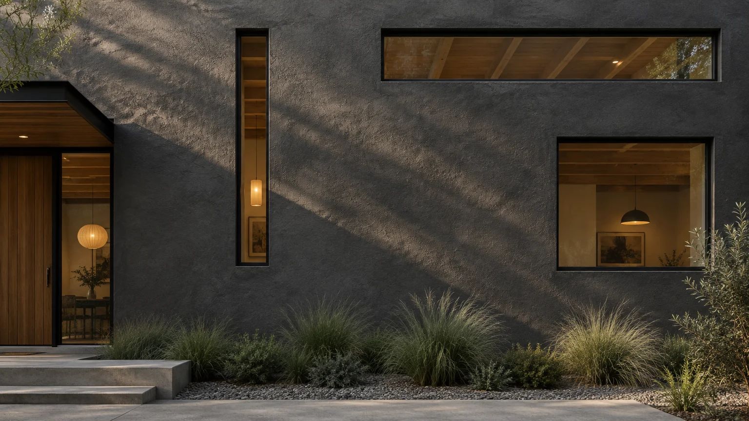 Textured gray stucco facade featuring a narrow vertical slit window and rectangular openings framing warm interior lighting.