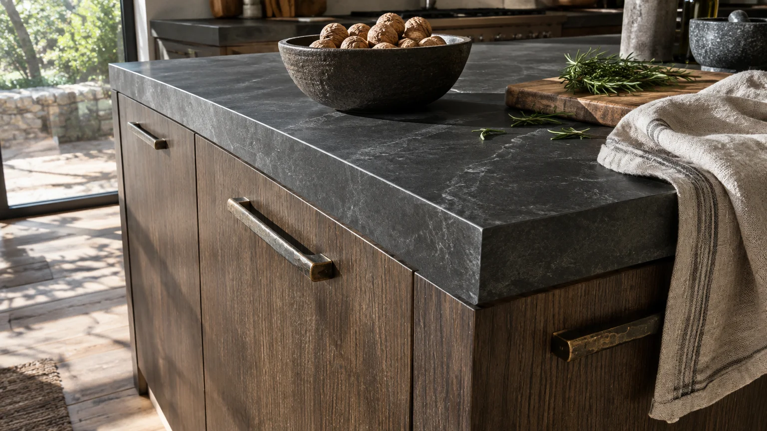 Kitchen island featuring a dark slate countertop, dark wood cabinets with antique brass handles, and a bowl of walnuts.