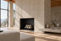 Modern fluted stone fireplace with logs in a minimalist living room featuring floor-to-ceiling windows.