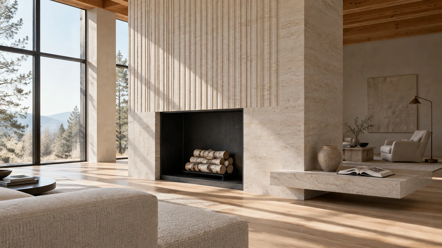 Modern fluted stone fireplace with logs in a minimalist living room featuring floor-to-ceiling windows.