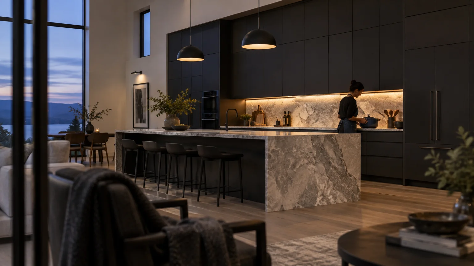 Modern open kitchen featuring dark charcoal cabinets, a marble waterfall island with barstools, and a woman cooking.