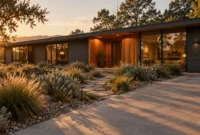 Modern single-story ranch home with dark horizontal siding, warm cedar wood entryway, large windows, and desert landscaping.
