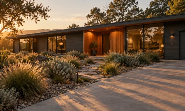 Modern single-story ranch home with dark horizontal siding, warm cedar wood entryway, large windows, and desert landscaping.