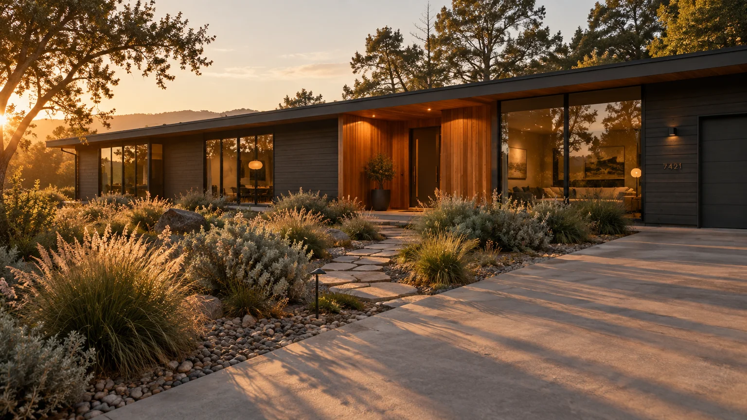Modern single-story ranch home with dark horizontal siding, warm cedar wood entryway, large windows, and desert landscaping.