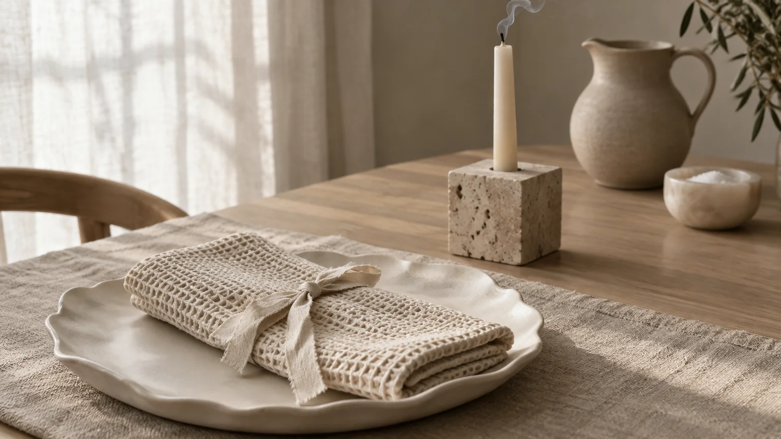 Waffle-knit napkin tied with ribbon on a scalloped ceramic plate beside a stone taper candle holder on a wooden table.