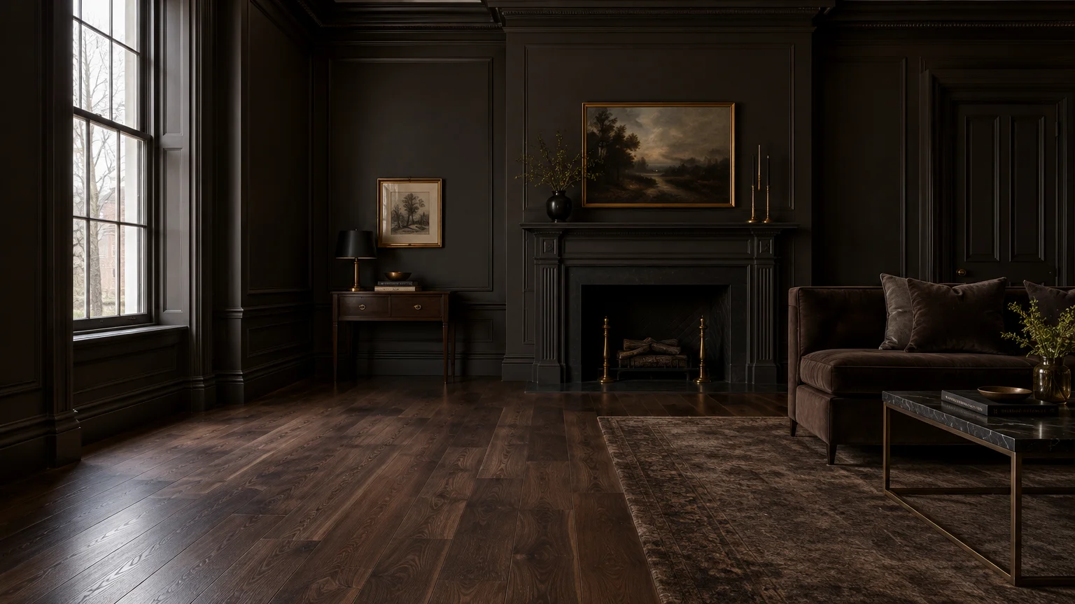 Dark brown living room featuring paneled walls, a fireplace, dark wood flooring, an area rug, and a velvet sofa.