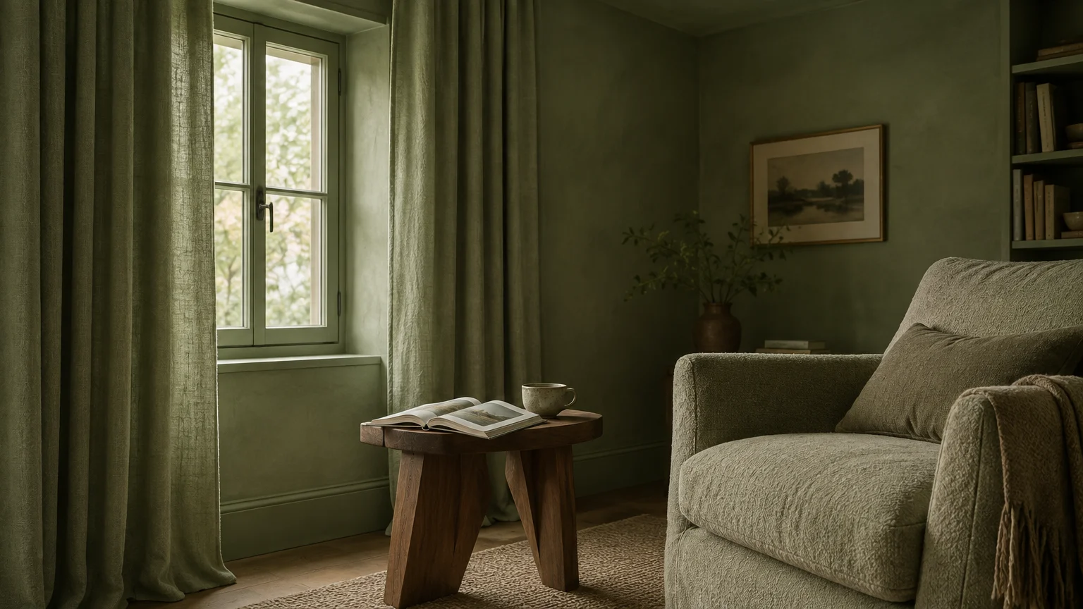 Monochromatic sage green room with matching linen curtains flanking a window beside an armchair and wooden side table.