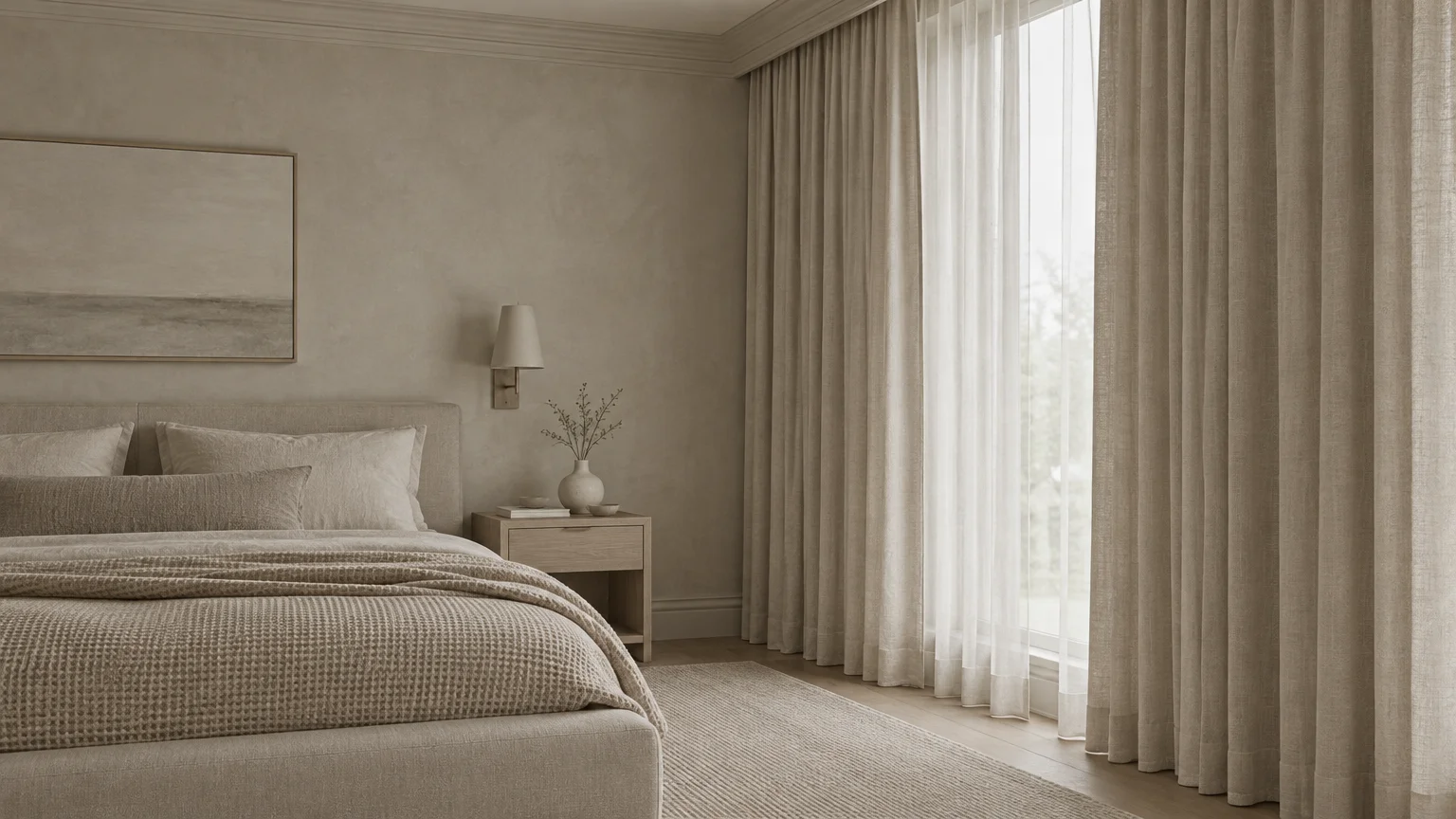 Monochromatic beige bedroom with floor-to-ceiling taupe curtains framing a window next to a bed with textured linens.