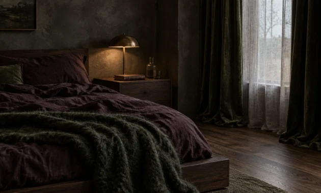 Moody bedroom with a dark wooden bed, deep purple bedding, green textured throw, bronze lamp, and velvet curtains.
