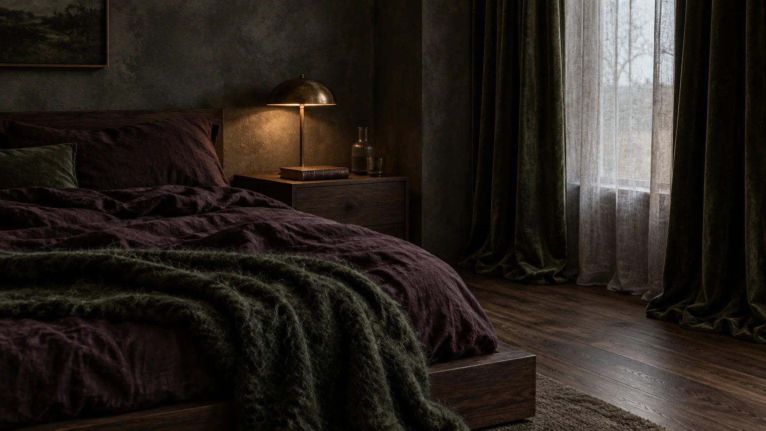 Moody bedroom with a dark wooden bed, deep purple bedding, green textured throw, bronze lamp, and velvet curtains.