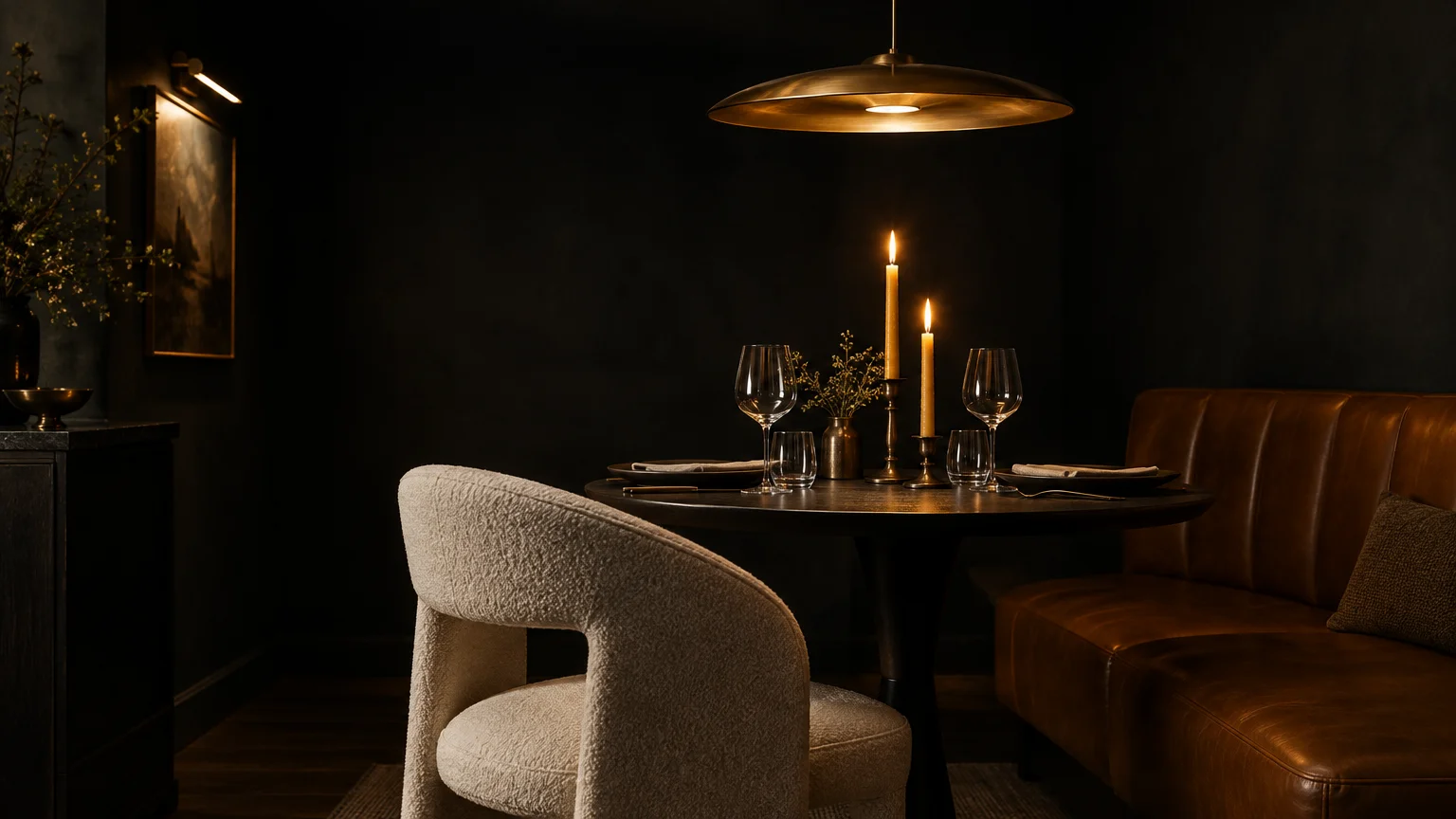Dark moody dining nook with charcoal walls, leather banquette, bouclé chair, round table, and warm metallic pendant.