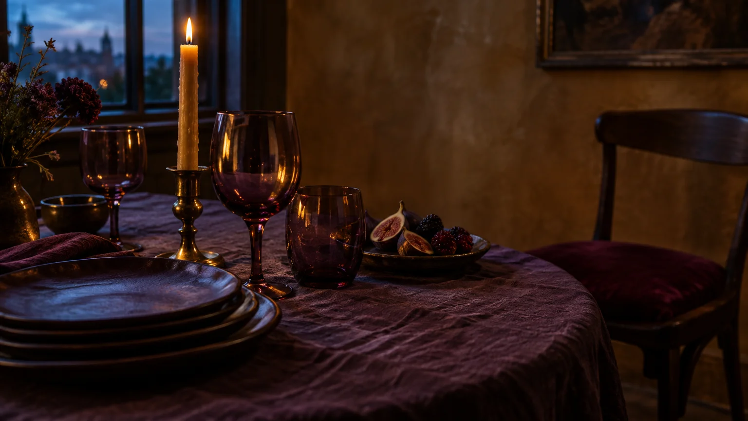 Dining table set with purple glassware, plates, figs, and a lit taper candle beside a window at dusk.