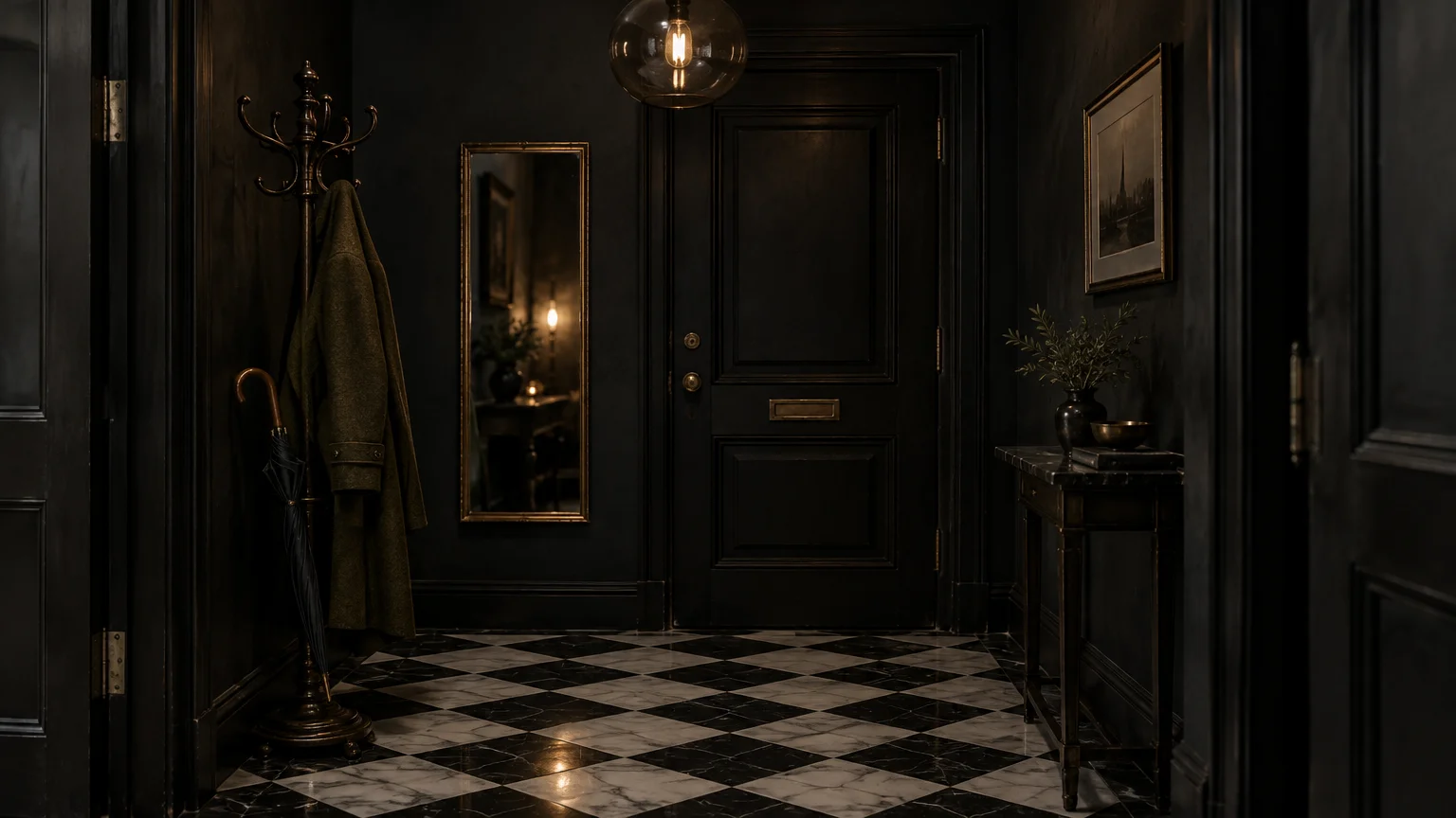 Moody black entryway with a front door, coat rack, mirror, and black-and-white checkered marble tile flooring.