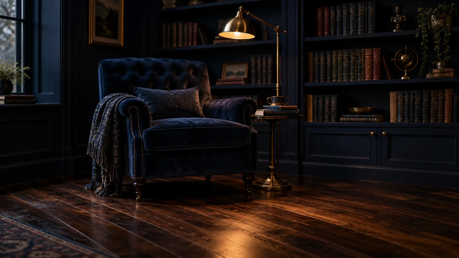 Dark navy velvet armchair beside a brass floor lamp on dark hardwood flooring in a moody library with built-in bookshelves.