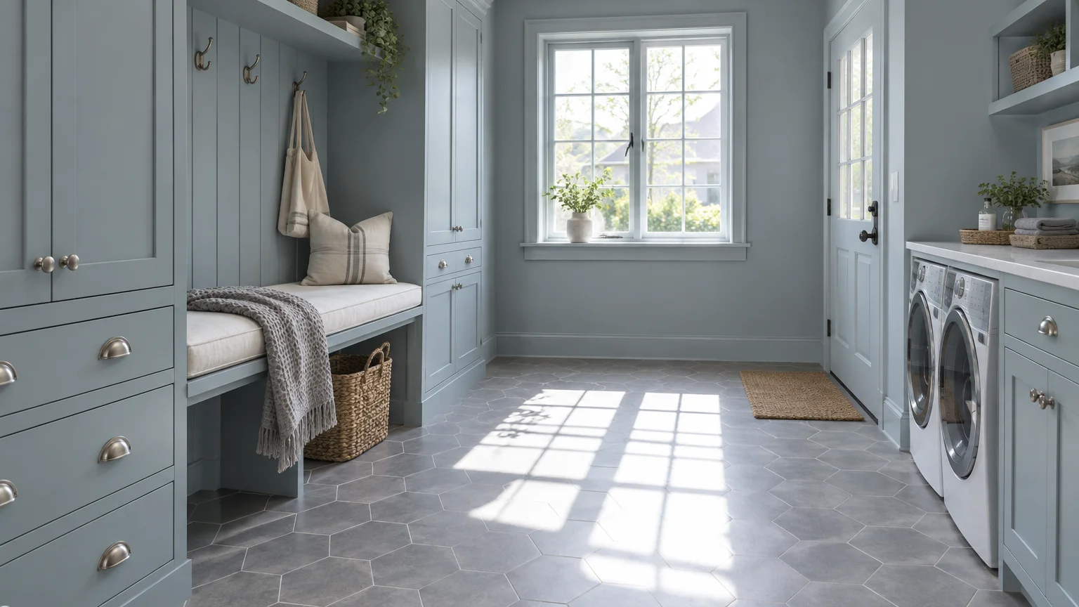 Laundry and mudroom with dusty blue built-in cabinetry, a cushioned bench, washer, dryer, and gray hexagonal floor tile.