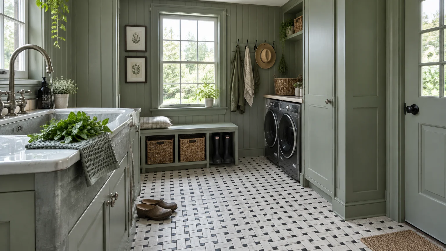 Sage green mudroom and laundry room with vertical wall paneling, deep sink, and black-and-white basketweave tile floor.