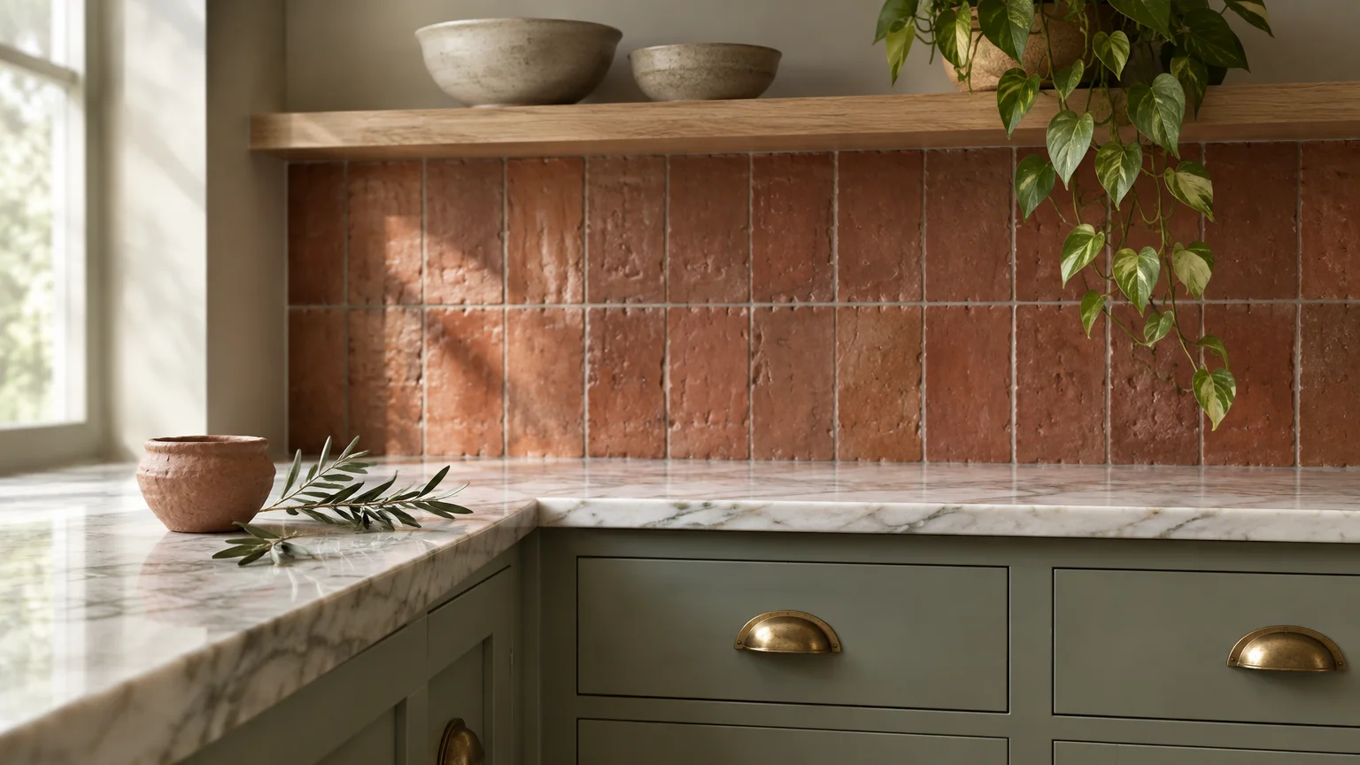 Muted green kitchen cabinets with brass pulls beneath marble countertops and a textured terracotta tile backsplash.
