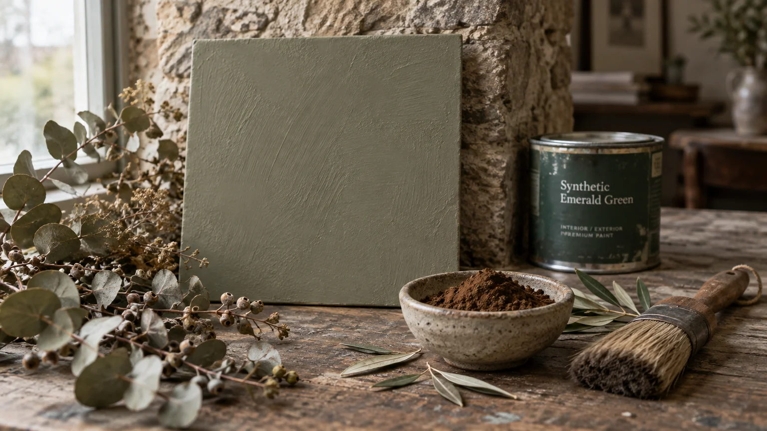Muted green sample board on a rustic wooden table beside a bowl of brown pigment, brush, and paint can.