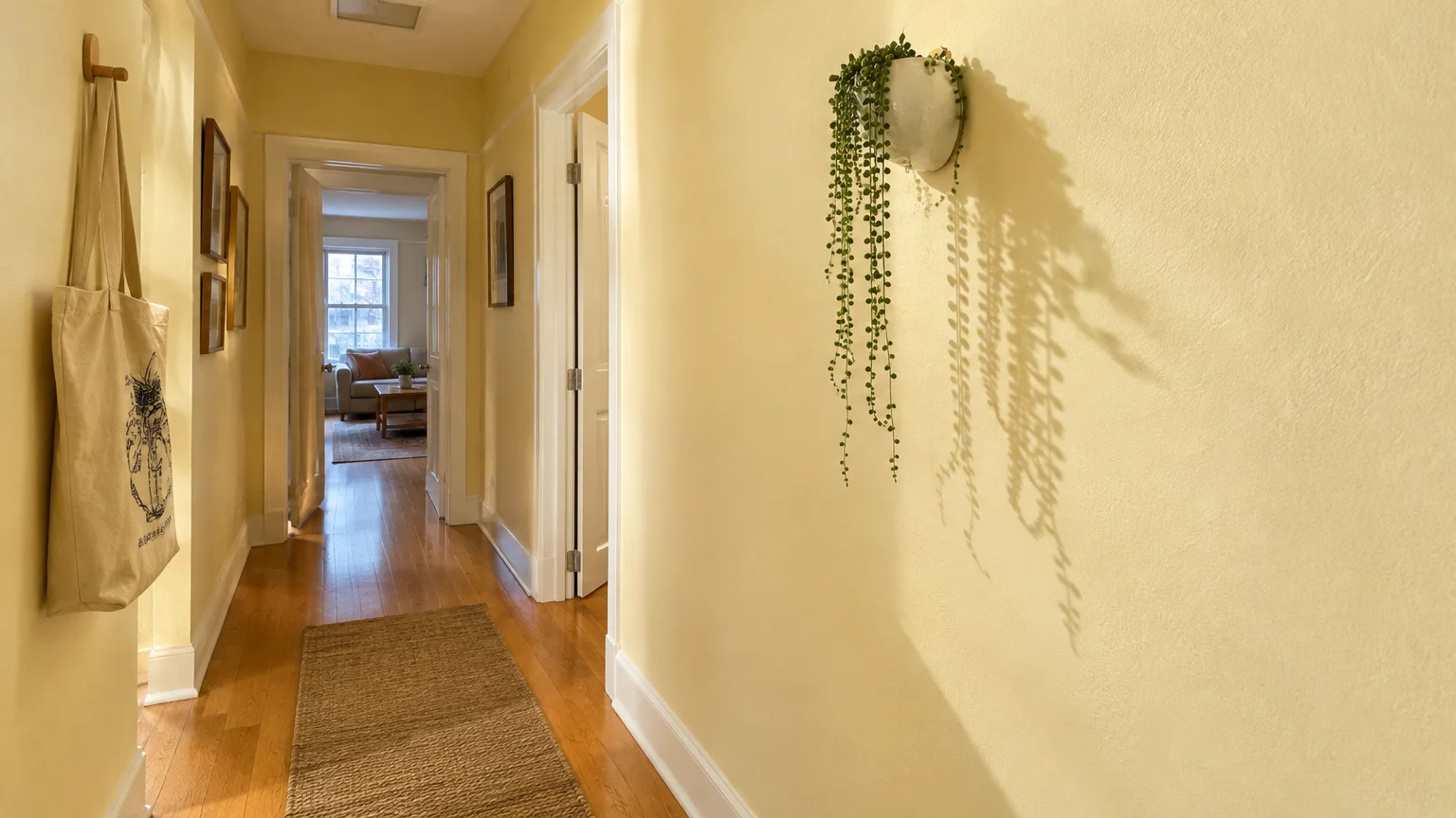 Pale yellow hallway with wood floors, white door trim, a woven runner rug, and a hanging succulent plant casting shadows.