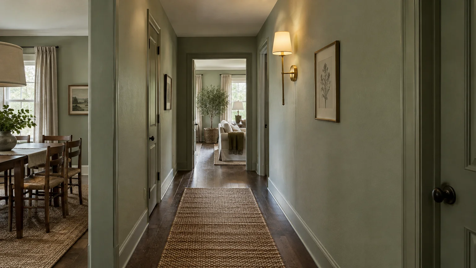 Narrow hallway with pale green walls, dark wood floors, a woven runner rug, brass wall sconce, and view into a living room.
