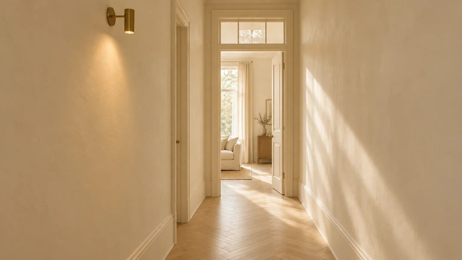 Narrow cream hallway with herringbone wood flooring, a brass sconce, and an open doorway leading into a living room.