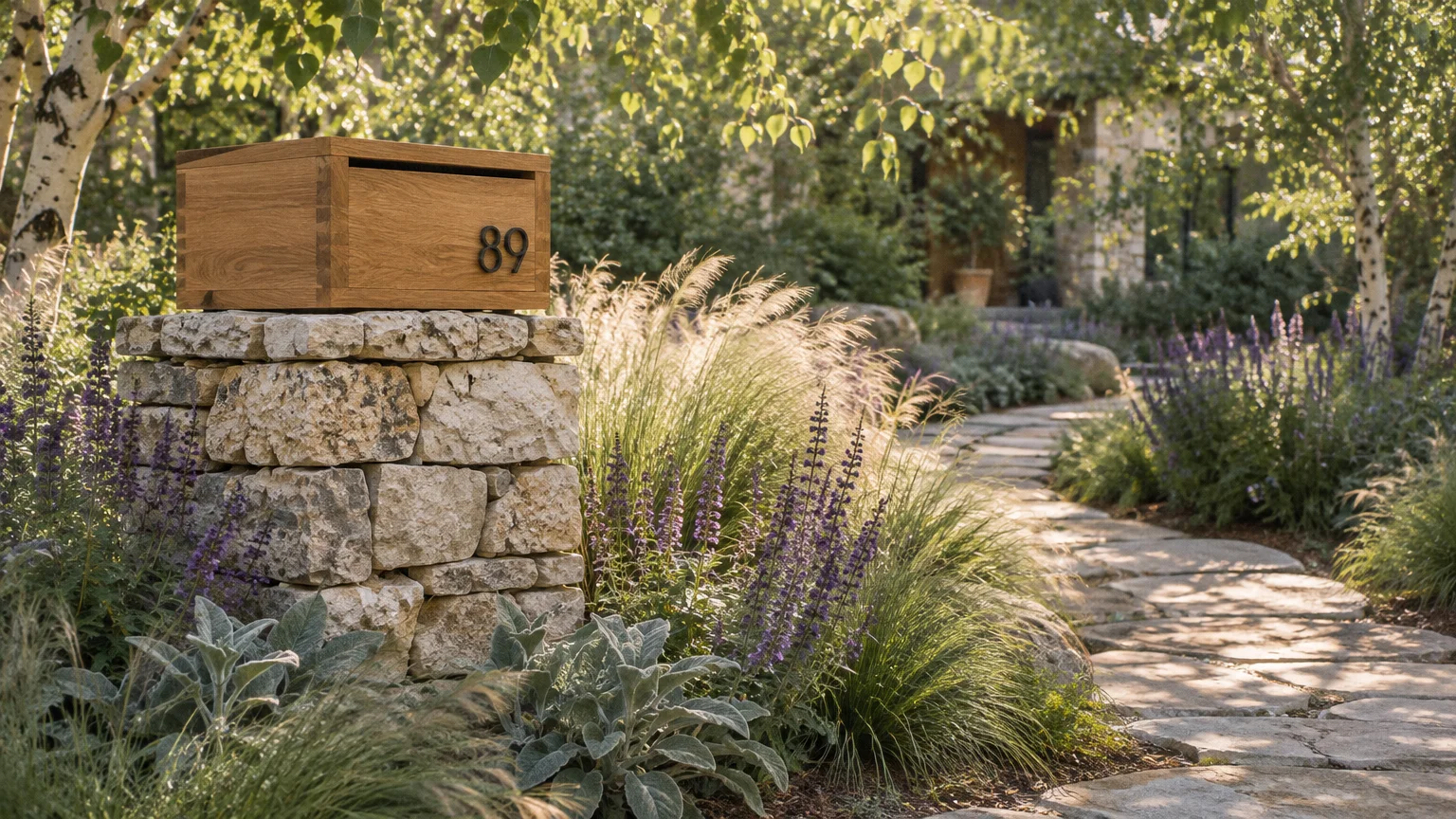 Wooden mailbox box labeled 89 atop a stacked stone pillar beside a garden path lined with purple flowers and grasses.