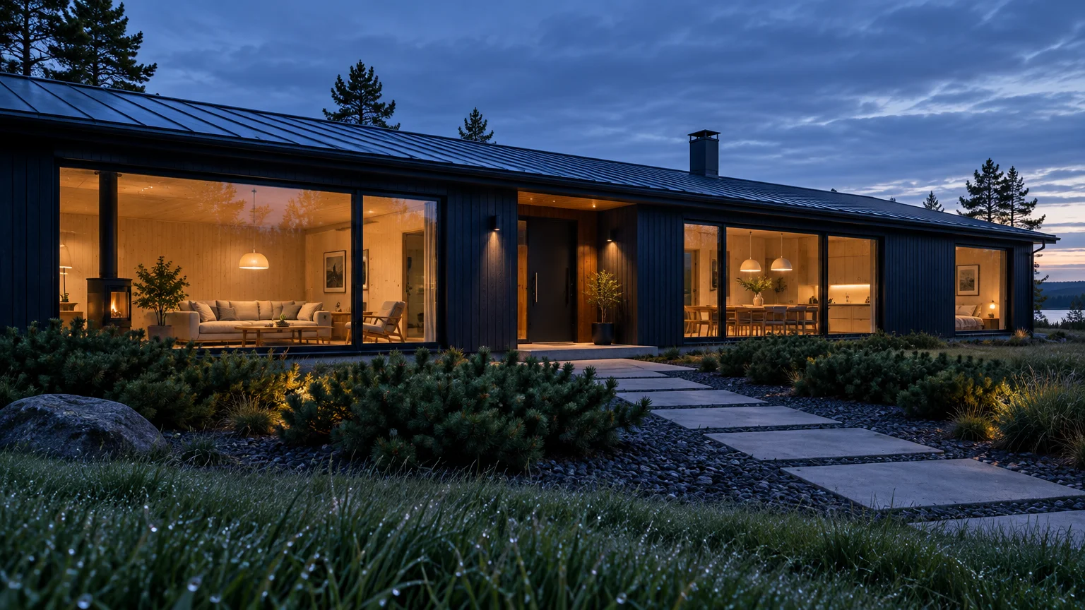 Modern one-story black ranch house at dusk with glowing floor-to-ceiling windows and a stone walkway.
