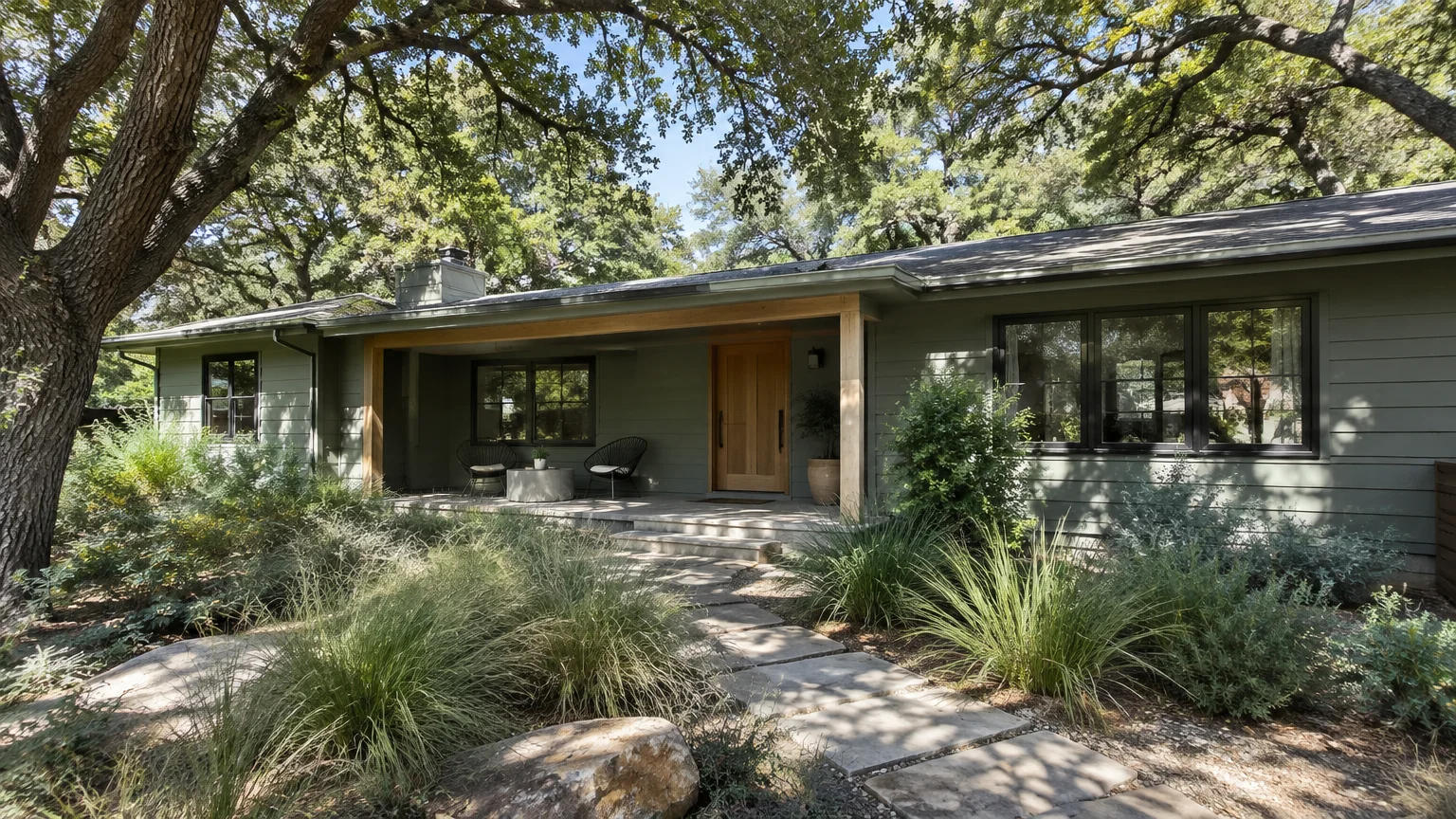 Single-story sage green ranch house with wood porch pillars, black window frames, and native landscaping under large trees.