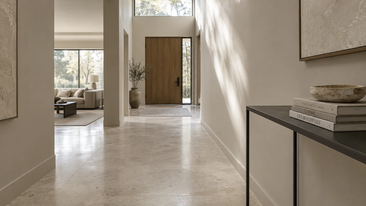 Modern hallway with pale greige walls, light stone tile flooring, a console table with books, and a wooden front door.