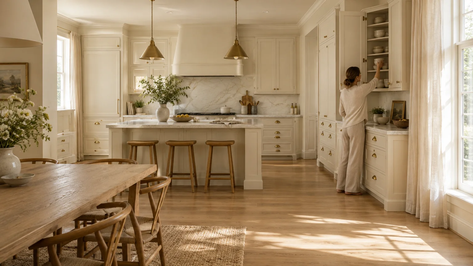 Woman reaching into cream-colored cabinets in an open kitchen beside a wood dining table and island with barstools.