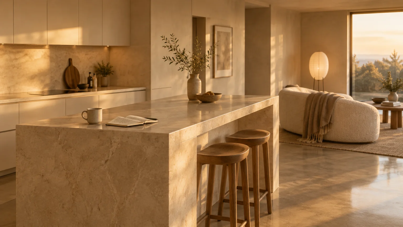 Warm sunset light on a marble kitchen island with wooden barstools, leading to a living area with a curved sofa.